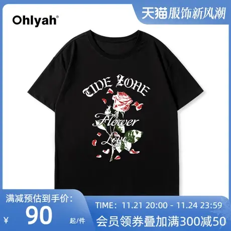 Ohlyah哥特风潮流玫瑰花卉vibe夏季短袖男女同款中性风宽松T恤衫商品大图