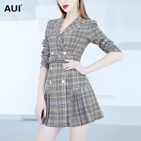 AUI复古格子职业西装外套女2024春装新款英伦风气质中长款西服裙图片