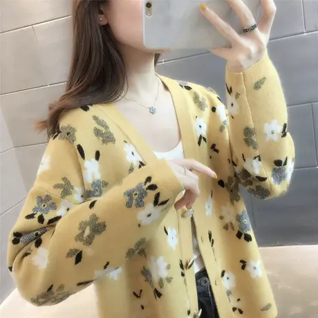 针织衫女开衫宽松外穿2023春秋新款韩版时尚花朵提花女士毛衣外套商品大图