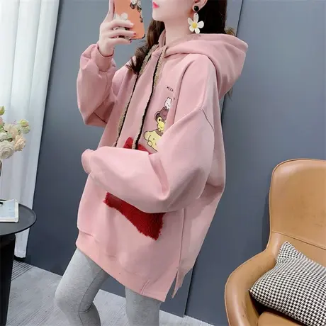 加绒加厚连帽卫衣女中长款2023新款秋冬季爆款宽松洋气设计感外套图片