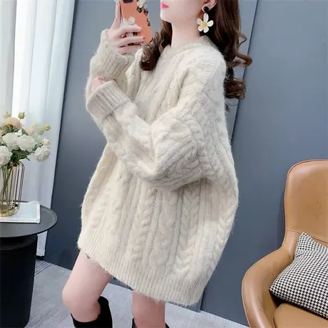 宽松慵懒风麻花圆领毛衣女加厚2023新款秋冬洋气减龄休闲百搭上衣图片