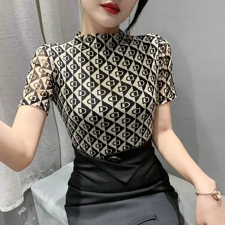 半高领网纱上衣女短袖洋气内搭打底小衫2024新款时尚印花T恤半袖图片