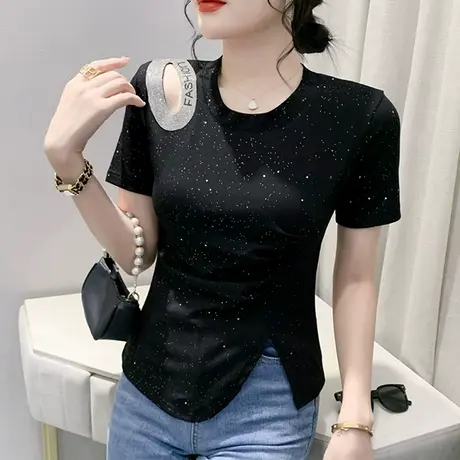 性感镂空T恤女短袖欧货时尚洋气烫钻小衫夏装设计感不规则上衣ins商品大图