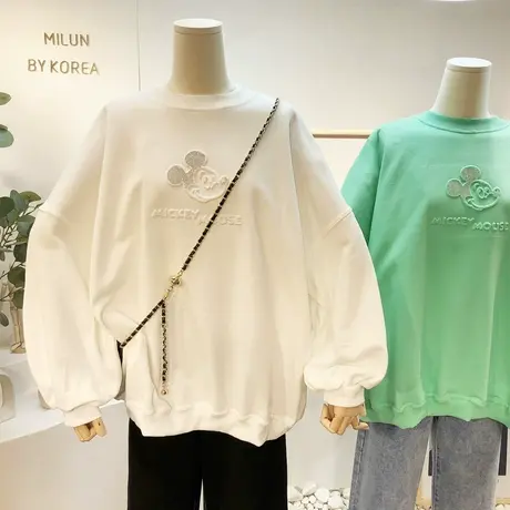 2021春季新款韩国东大门ins慵懒风简约水钻印花宽松卫衣大码显瘦商品大图