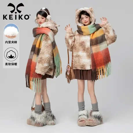 KEIKO 羊羔毛绒短外套女夹棉加厚2023秋冬扎染废土风连帽棉服棉袄图片