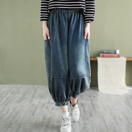 枫谜21年春夏新款文艺复古束脚牛仔七分裤女宽松牛仔哈伦裤老爹裤图片