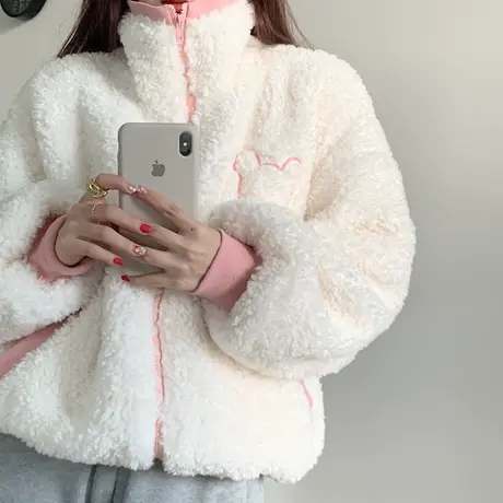 羊羔毛卫衣女秋冬宽松韩版设计感小众上衣慵懒风加绒加厚开衫外套商品大图