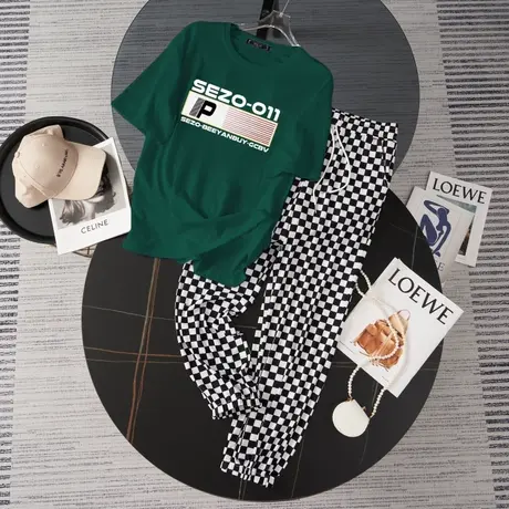 纯棉运动服套装跑步女2023新款夏季宽松短袖长裤小个子休闲两件套商品大图