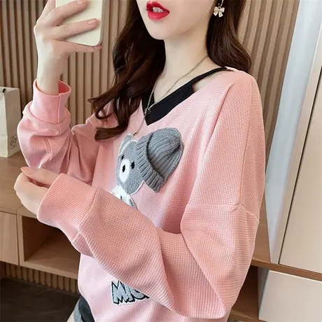 早秋华夫格卫衣女春秋韩版宽松初秋薄款撞色小个子假两件上衣外套商品大图