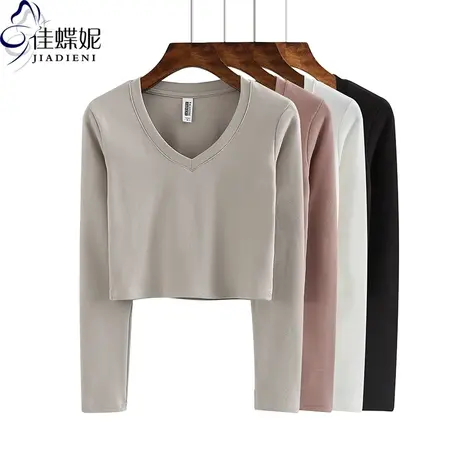 秋新款韩版纯白V领修身显瘦高腰短款长袖体恤上衣你内搭女打底衫商品大图