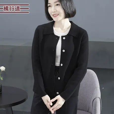 翻领宽松纯色针织衫长袖开衫韩版妈妈大码上衣2023新款冬装女外套商品大图