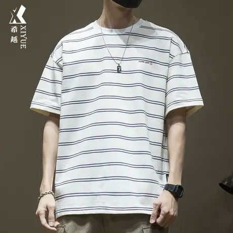 夏季条纹针织t恤男生260g重磅全棉短袖潮流日系大码休闲体恤衫男商品大图