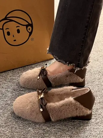 仙女风两穿懒人中跟豆豆奶奶鞋女2023新款冬季粗跟加绒毛毛鞋瓢鞋商品大图