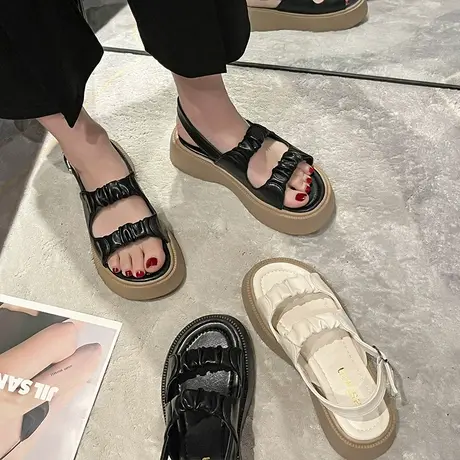 凉鞋女夏外穿2024年新款百搭超火小众设计感一字式扣带厚底罗马鞋图片