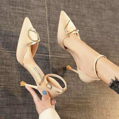 2024春季新款百搭法式高跟鞋女细跟一字带小众设计感气质中空单鞋图片