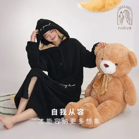 妮狄娅睡衣睡袍女冬季加厚羊羔绒连帽时尚可外穿保暖中长袍家居服商品大图