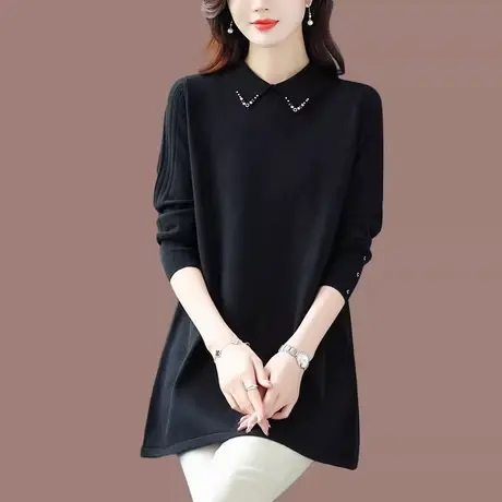 2024春季中长款毛衣女黑色大码女装宽松显瘦上衣百搭打底针织衫潮图片