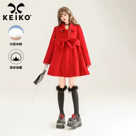 KEIKO [夹棉]新年红装蝴蝶结饰毛呢大衣冬季显瘦A字红色呢子外套图片