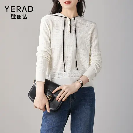 娅丽达宽松肌理感镂空羊毛针织衫女卫衣2024春季新款长袖打底衫商品大图