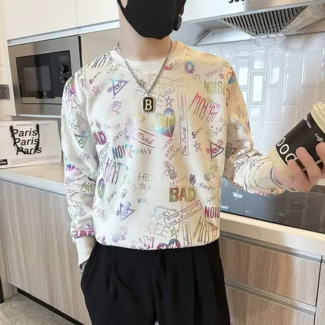 满印花色卫衣春秋季潮流新款无帽上衣打底衫潮男痞帅高级感外套商品大图