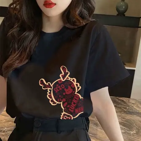 夏季纯棉短袖女韩版红色可爱卡通印花T恤女宽松oversize打底衫潮商品大图