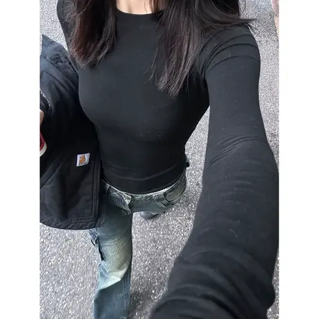 黑色纯棉打底衫女内搭春季修身显瘦长袖T恤韩版短款紧身收腰上衣商品大图