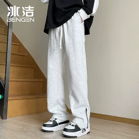 冰洁春季男士阔腿裤脚口拉链卫裤美式运动裤高街宽松大码直筒裤商品大图