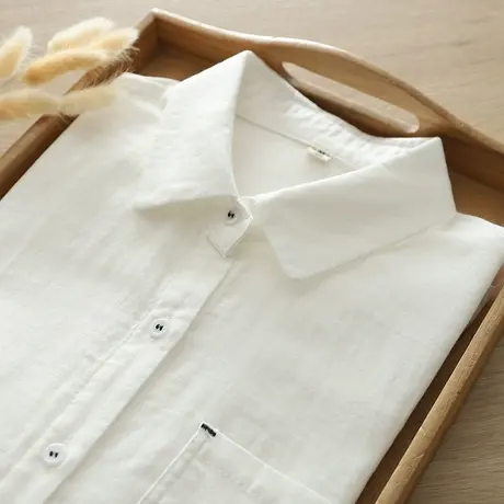 春秋新款简约文艺柔软双层纱纯棉白色长袖衬衫女学生百搭打底上衣商品大图