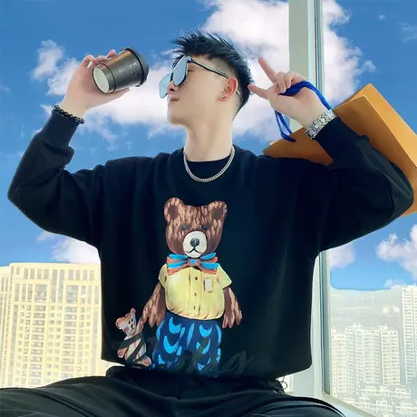 潮牌ins小熊印花卫衣男春季内搭T恤重磅宽松休闲套头T恤长袖上衣商品大图