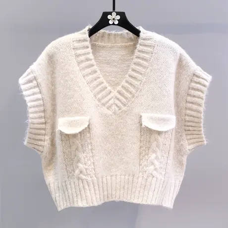 日系复古V领针织马甲女春装2024新款宽松外穿无袖坎肩毛衣背心图片