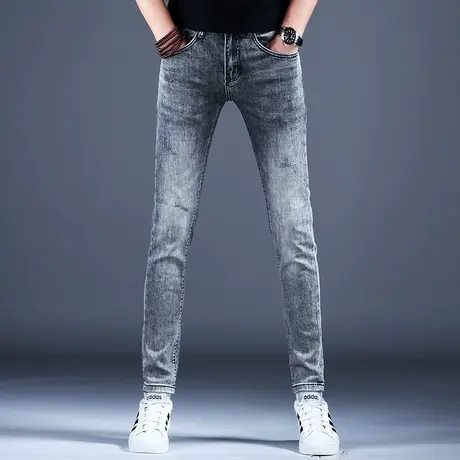 2024新款夏季薄款男士弹力烟灰色九分牛仔裤男款小脚修身裤子潮流商品大图