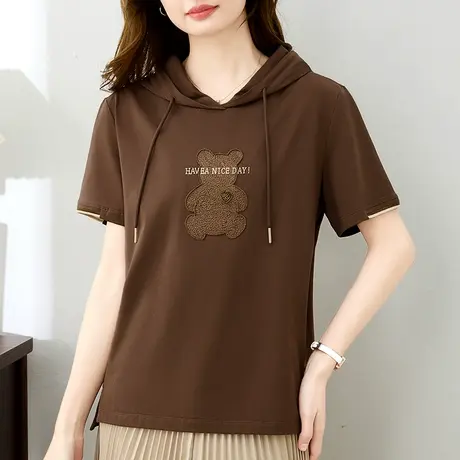 纯棉短袖t恤女2024年春夏新款精致设计感休闲连帽上衣百搭体恤衫图片