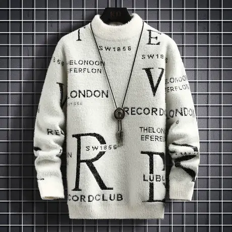 秋冬季毛衣男士半高领水貂绒加厚打底针织衫潮流线衣保暖冬装上衣商品大图