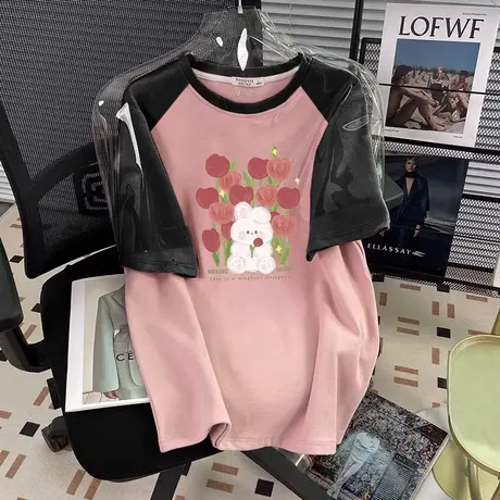 hiphop潮牌短袖夏季港味复古拼接上衣ins大码纯棉设计感撞色T恤女商品大图