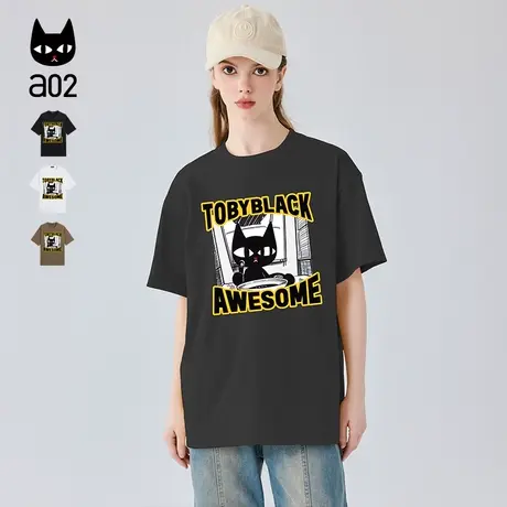 a02韩版纯色印花T恤女短袖2024夏季新款宽松圆领休闲全棉百搭上衣商品大图