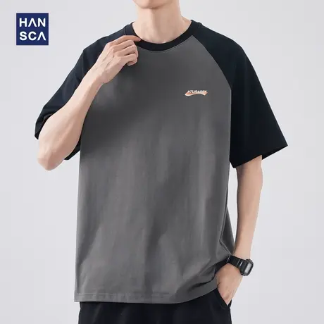 hansca 250g美式重磅短袖T恤男夏季撞色潮流拼接休闲运动半袖上衣商品大图
