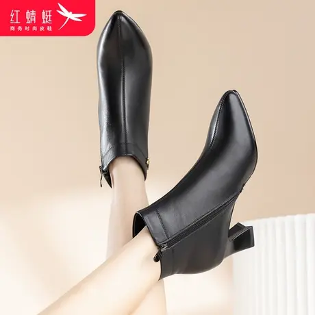 红蜻蜓冬季简约女短靴2023女鞋休闲粗跟高跟鞋时装靴中年妈妈鞋子商品大图