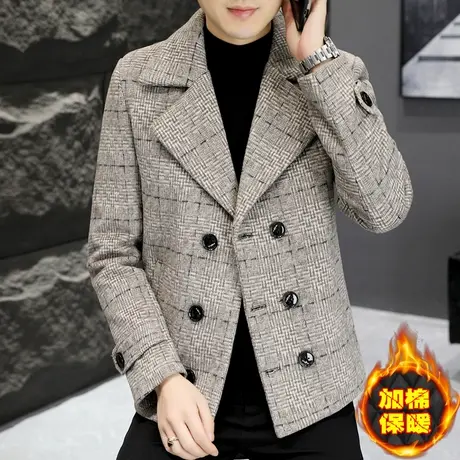 英伦加棉外套男士冬季西装领加厚双排扣羊毛呢子大衣短款毛呢风衣商品大图