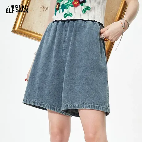 妖精的口袋高腰牛仔短裤女2023夏季新款直筒中裤宽松阔腿薄款裤子商品大图