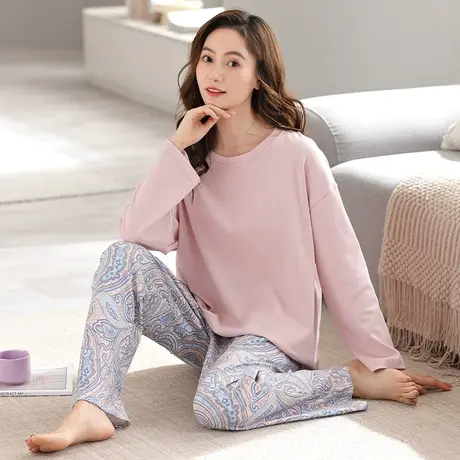 婷美睡衣女士春秋季纯棉长袖圆领可外穿高档休闲家居服套装秋冬款商品大图