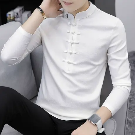 立领t恤男士长袖复古唐装盘扣秋季体恤打底衫男装中国风潮流修身商品大图