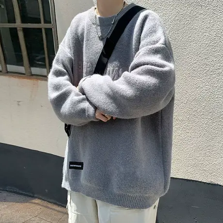 秋冬季加厚针织衫男潮流宽松秋冬季ins慵懒风打底衫休闲圆领毛衣商品大图