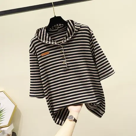 2022春夏新款条纹t恤女短袖韩版宽松连帽卫衣时尚显瘦针织衫上衣图片