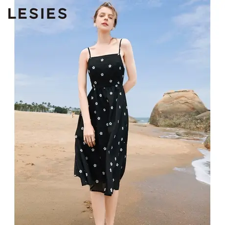 LESIES蓝色倾情夏装新款连衣裙小花飘逸无袖吊带连衣裙出游度假裙图片