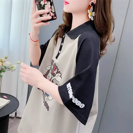 学院风Polo衫短袖t恤女夏季2023新款宽松卡通印花休闲网红上衣ins图片