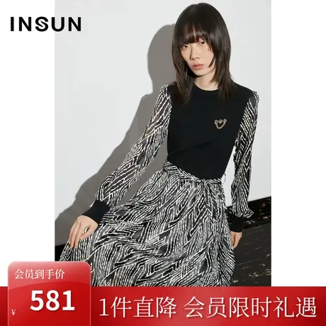 恩裳COVER2023早春新款定制透视条纹雪纺弹力收腰毛织拼接连衣裙图片