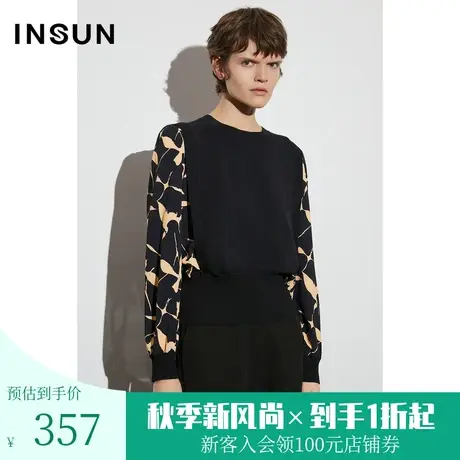 恩裳COVER2023春款新款优雅时尚宽松圆领针梭拼接套头女士针织衫商品大图