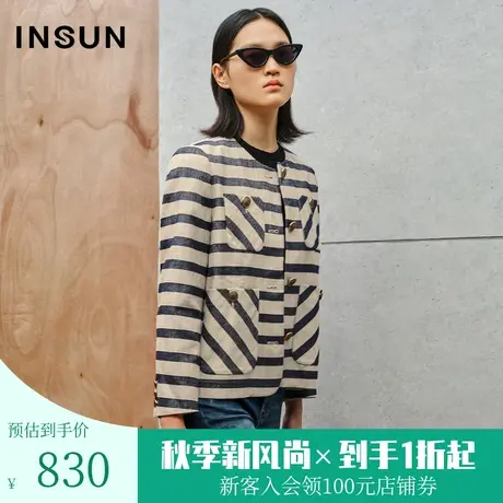 恩裳2023秋季新款时尚复古条纹短外套女士干练西装外套女商品大图