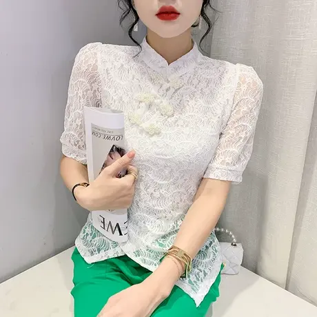 性感镂空蕾丝上衣女短袖2023夏季中国风复古盘扣小衫修身百搭半袖图片