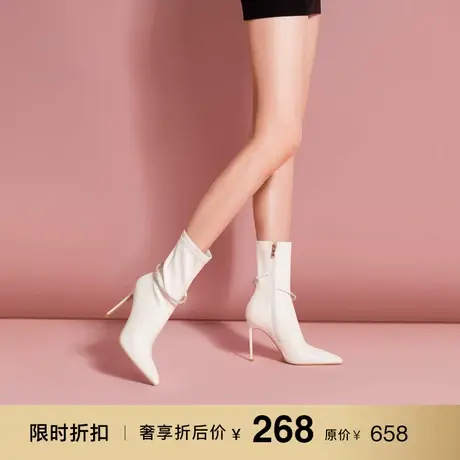 熙漫2023秋冬新款尖头细跟小众原创瘦瘦靴水钻链条气质高级高跟靴图片